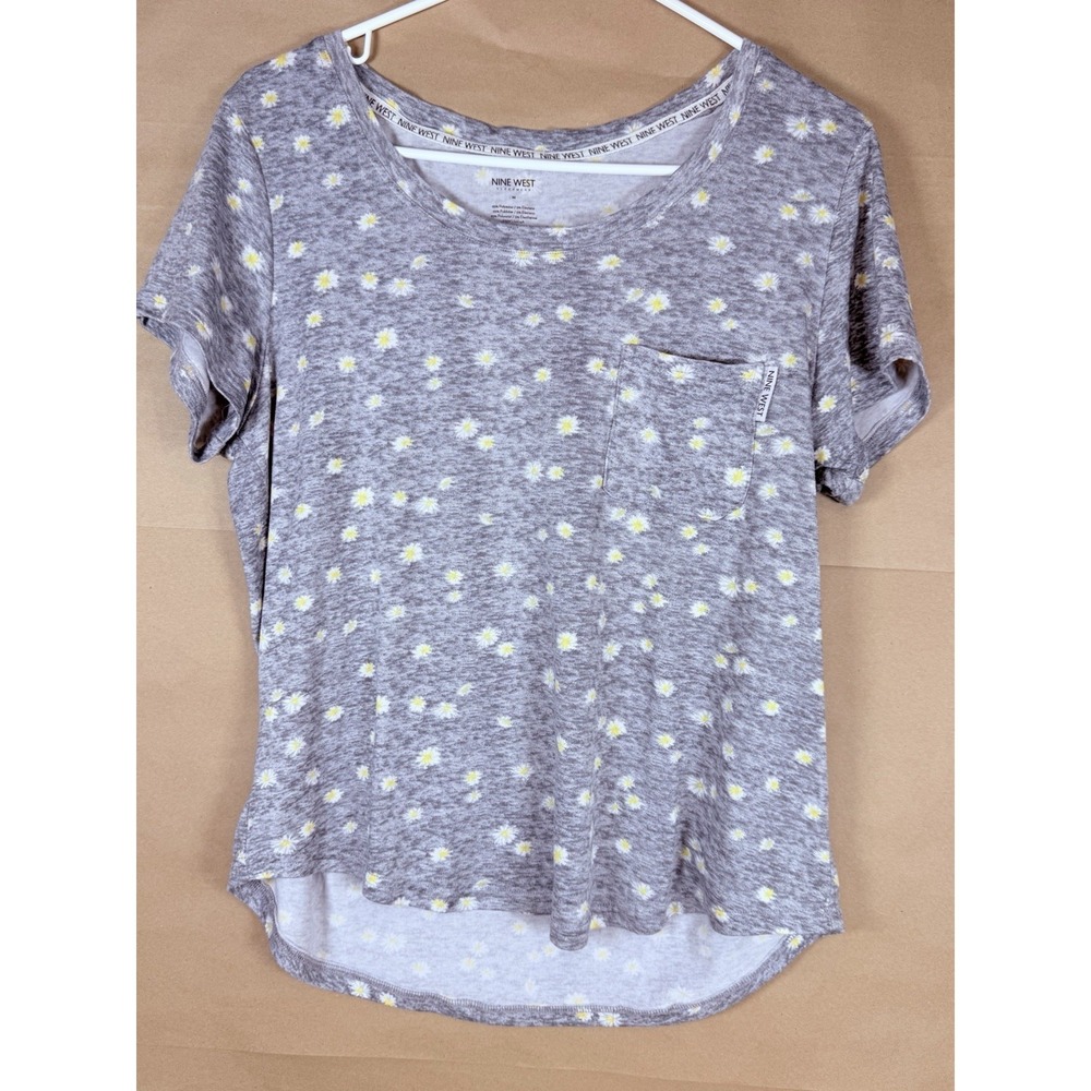 Nine West Sleepwear Womens M Gray Daisy Floral Short Sleeve Pajama Top Pocket